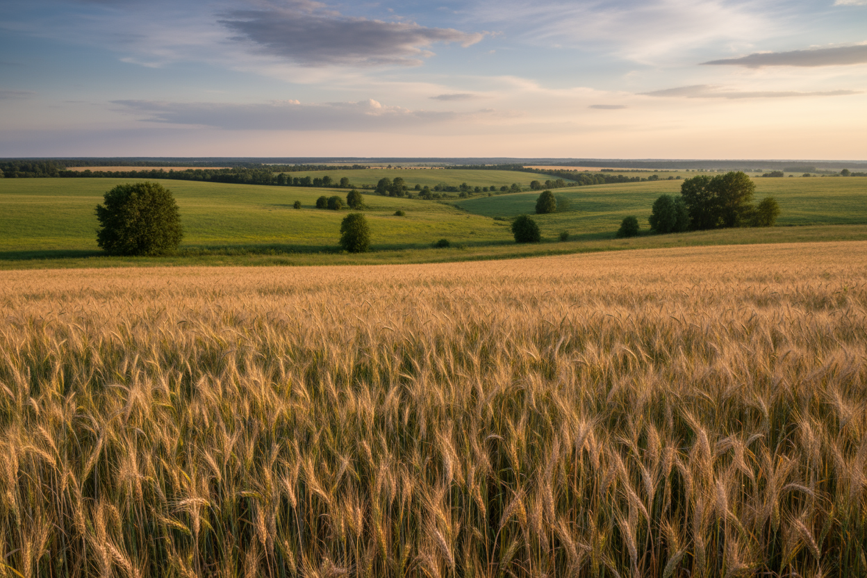 Zdjecie zboża z polanami w tle 